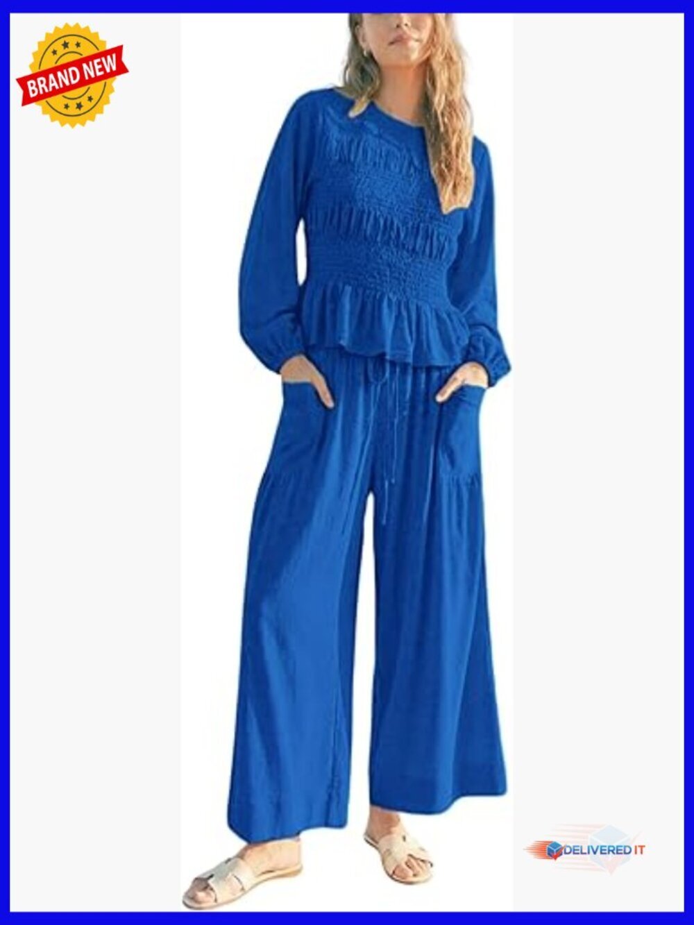 Boho 2-Piece Long Sleeve Smocked Top & Wide Leg Pants Set Loungewear Set with